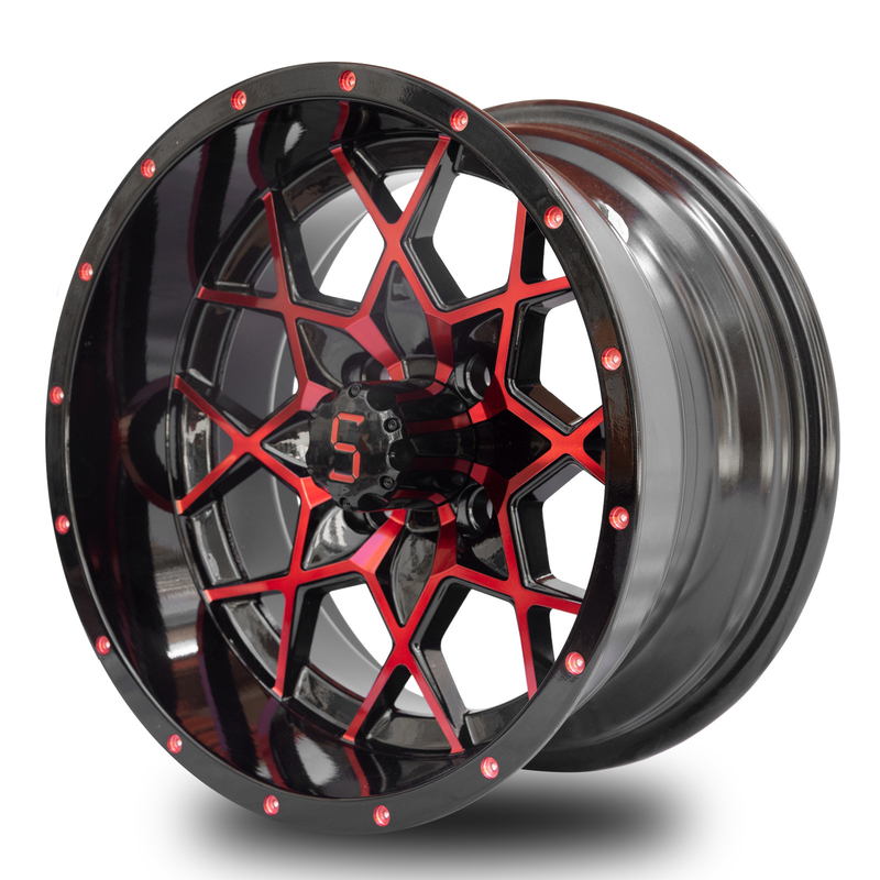 چرخ های گلف گلف آلومینیومی قرمز درخشان سیاه 101.6 PCD 4x4 الگوی بولت