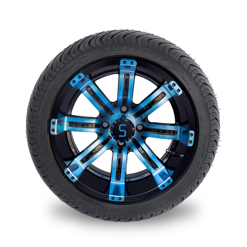 225/30-14 DOT 14 اینچ چرخ و لاستیک گلف کارت آبی / چرخ های مشکی براق 101.6 PCD