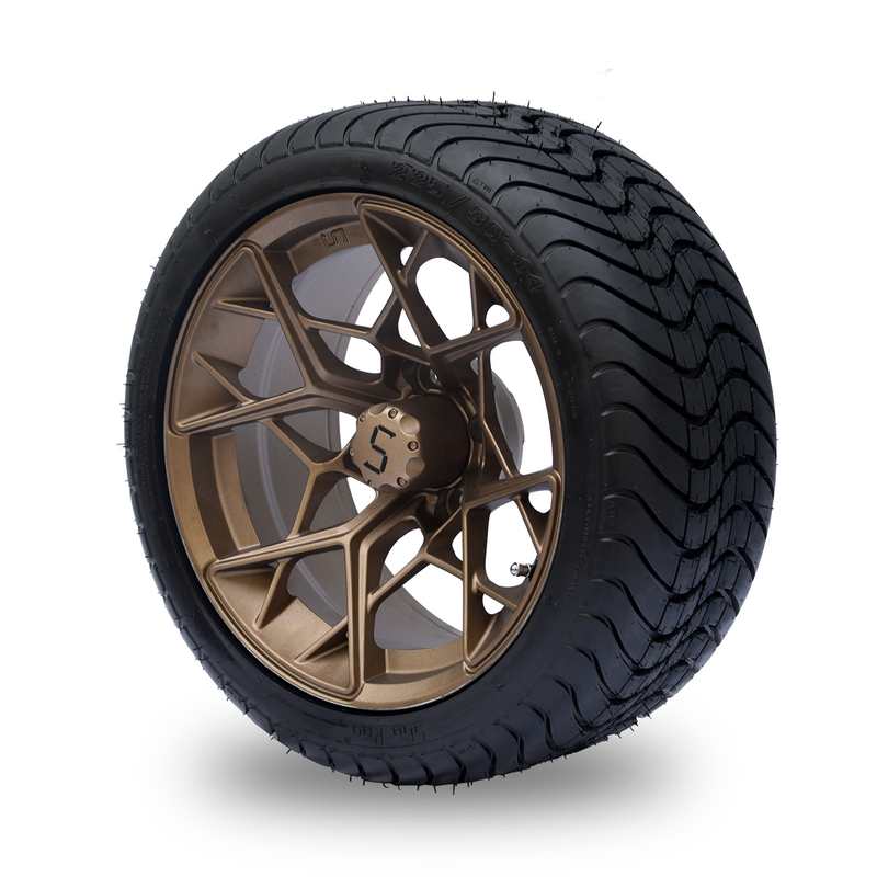 ترکیب چرخ و لاستیک گلف کارت 14 اینچی برنزی 225/30-14 4PLY دارای تاییدیه DOT