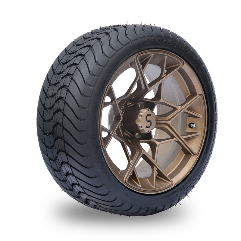 ترکیب چرخ و لاستیک گلف کارت 14 اینچی برنزی 225/30-14 4PLY دارای تاییدیه DOT