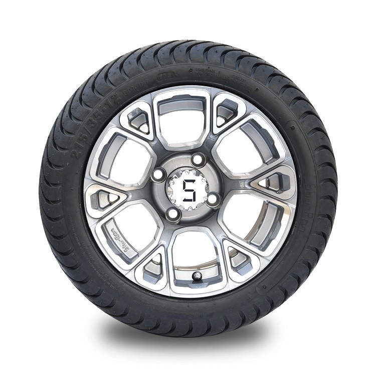 مجموعه چرخ آلیاژی آلومینیومی 12 اینچی گلف کارت و لاستیک خیابانی 215/35-12 DOT - ماشین‌کاری شده/متال تفنگی