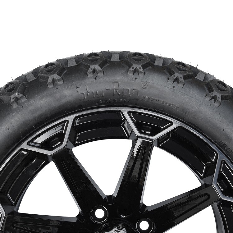 سبد گلف 14 اینچ چرخ سیاه درخشان و 22x10-14 لاستیک های DOT با کلاه مرکزی و بادمجان های لگ